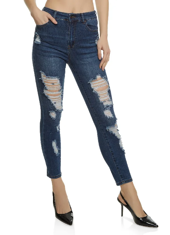 Street Casual Style WAX High Rise Distressed Skinny Jeans