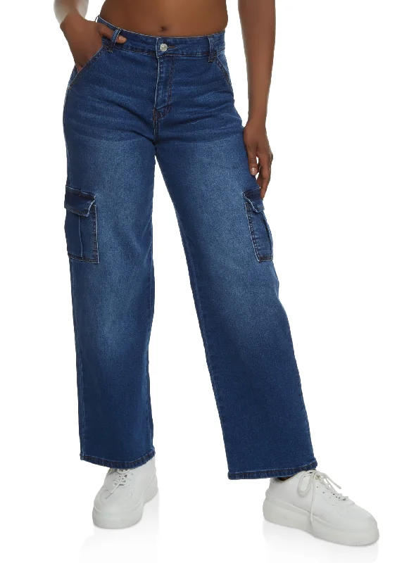 Sports Zipper Style WAX Whiskered Straight Leg Cargo Jeans