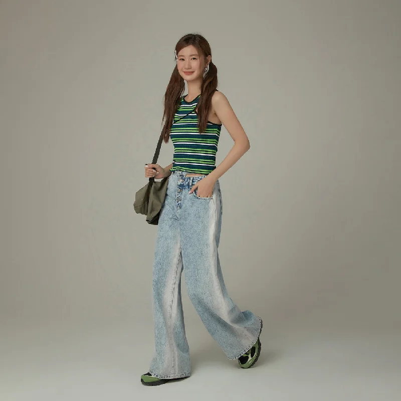 Moisture wicking Multi-Button Waist Slit Washed Denim Jeans