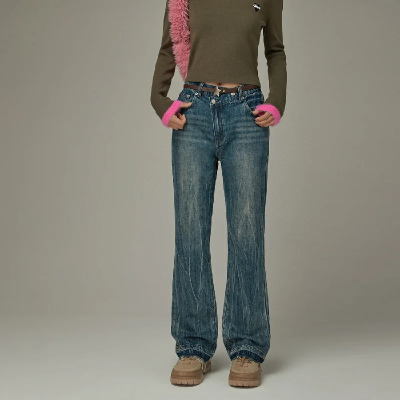 Feminine Charm Wavy Raw Hem Bootcut Denim Jeans