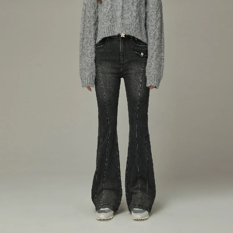 Unique Design Washed Lined Stitched Semi Bootcut Denim Jeans