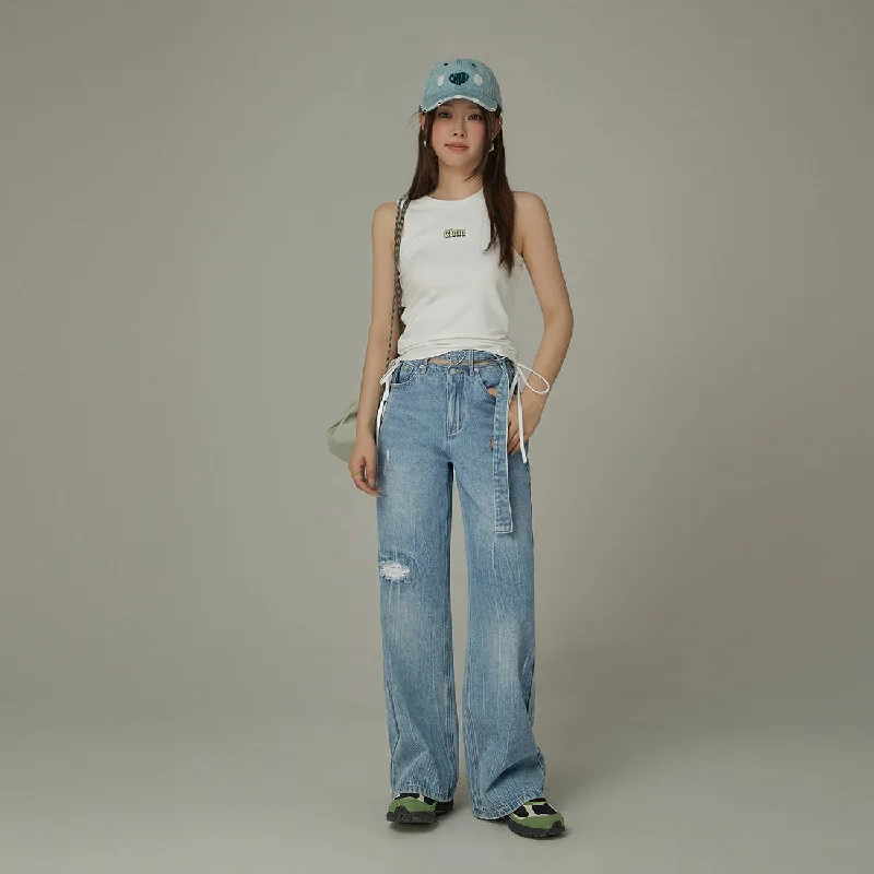 Hip-hop Style Heart Belt Waist Slit Ripped Denim Jeans