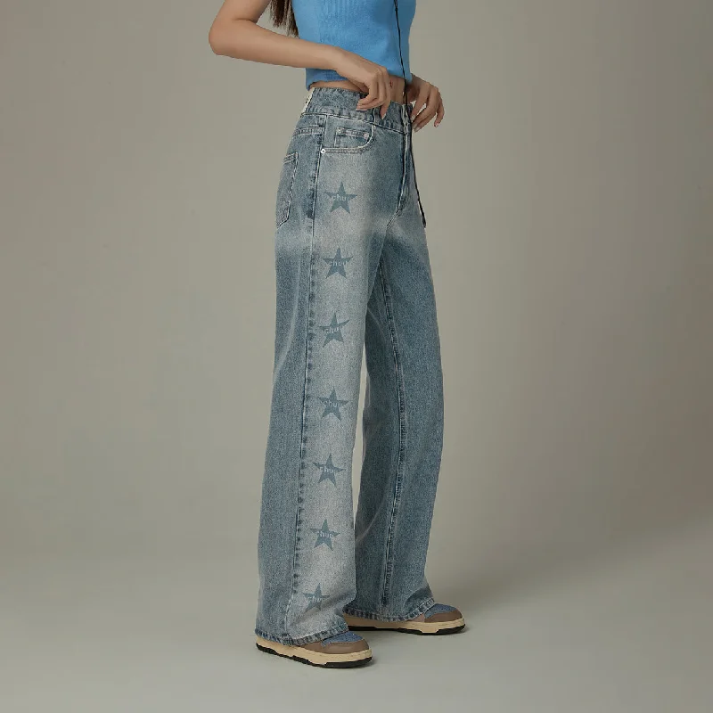 Sports High Waist Style Side Logo Star Wide Denim Jeans