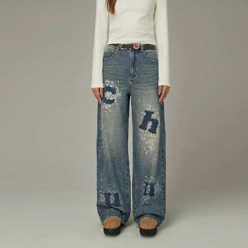 Fashionable Items Jumbo Logo Lettering Washed Denim Jeans