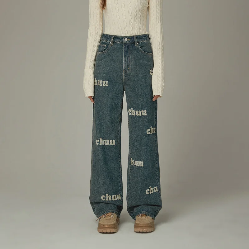 Lazy Style Lettering Logo Denim Jeans