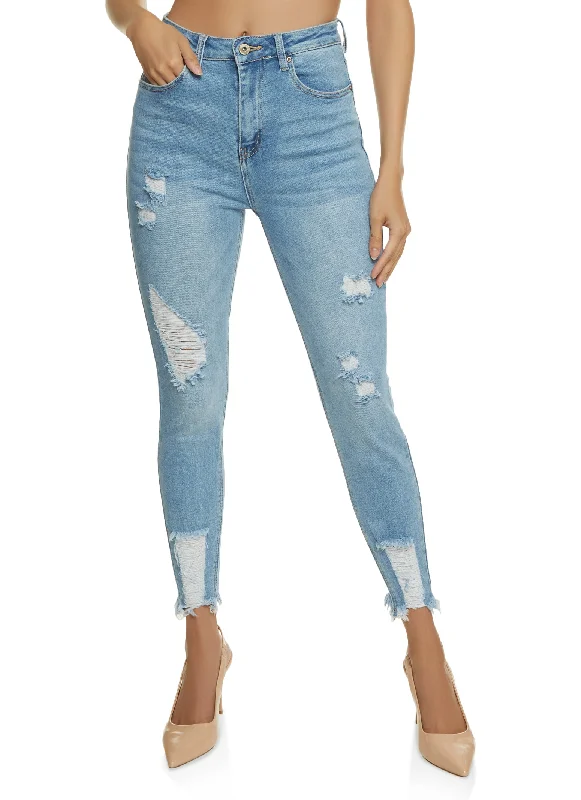 Low-key Luxury WAX Distressed Frayed Hem Skinny Jeans