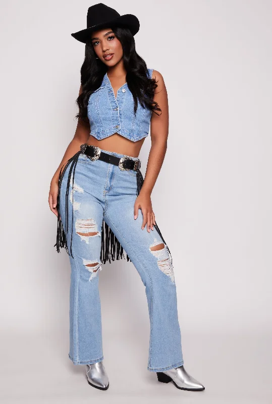 Retro Literary Style WAX High Waisted Distressed Flare Jeans