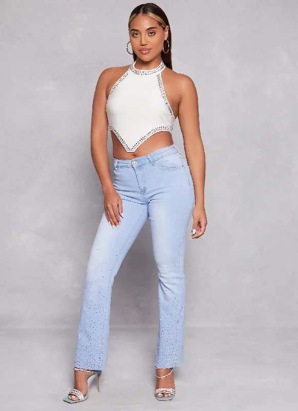 Comfortable Looks WAX Rhinestone Raw Hem Boot Cut Jeans