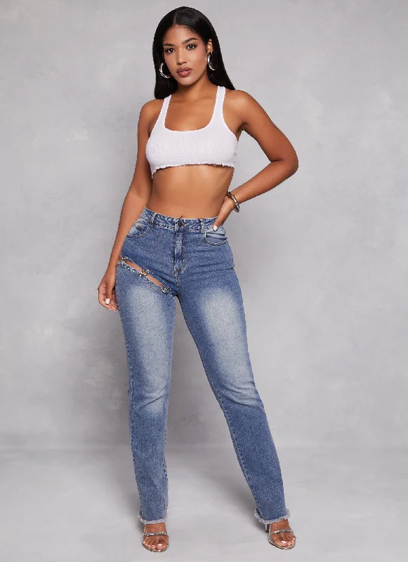 Modern Chic Cut Out Ring Detail Straight Leg Jeans