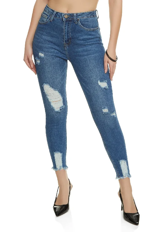 Moisture wicking WAX Distressed Frayed Hem Skinny Jeans