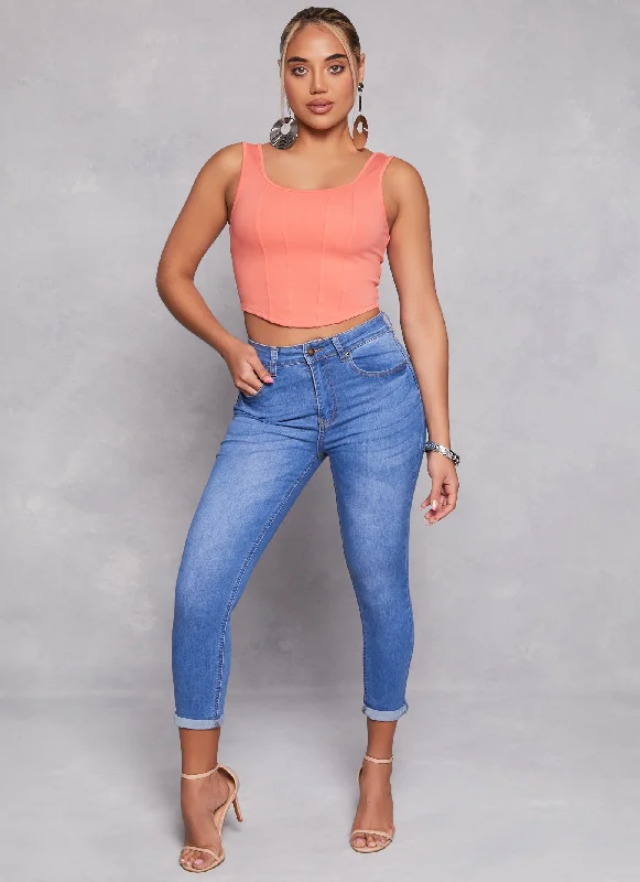 Breathable Style WAX High Waist Rolled Cuff Denim Jeans