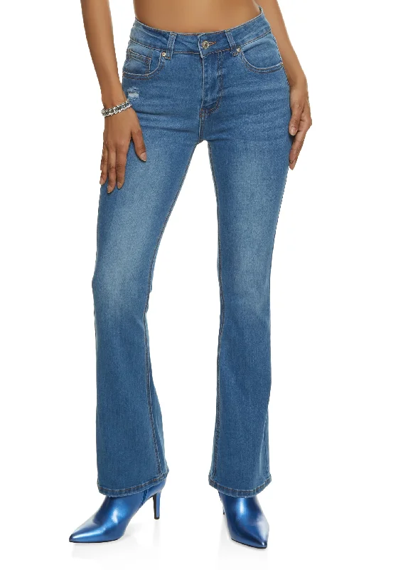 Letter embroidery WAX Whiskered High Waist Boot Cut Jeans