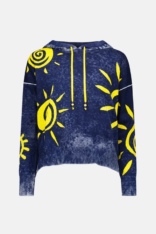 Elegant Design Sun Print Hoodie Navy