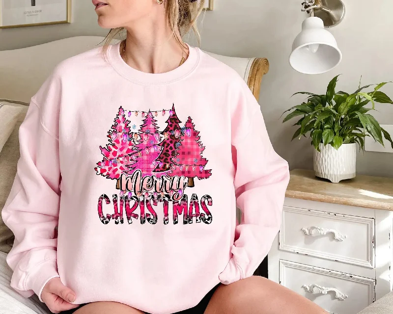 Embroidery Design Pink Cartoon Tree Christmas Hoodie for Women