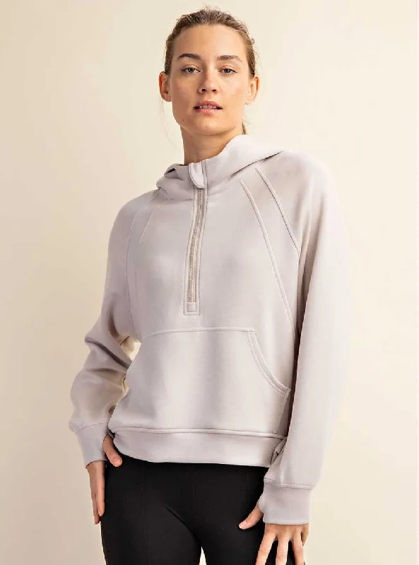 Cute Style Rae Mode Women's Modal Poly Span Quarter Zip Hooded Jacket - Mocha Cream