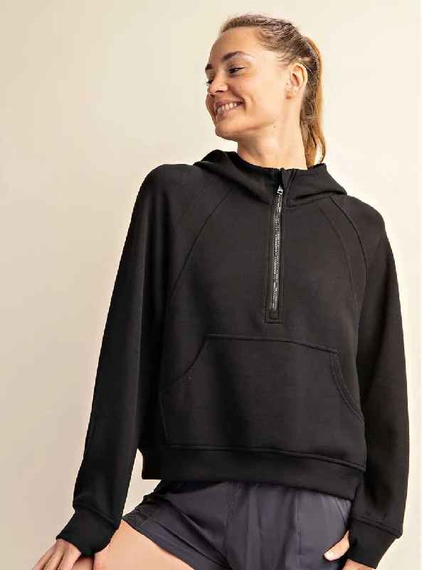 Casual Style Rae Mode Women's Modal Poly Span Quarter Zip Hooded Jacket - Black