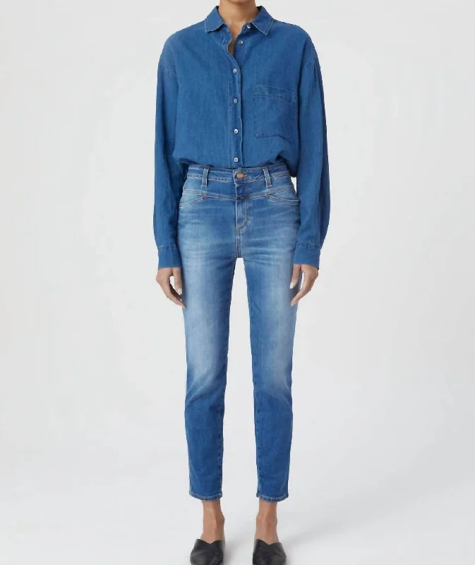 Simple Matching Skinny Pusher Jeans In Mid Blue