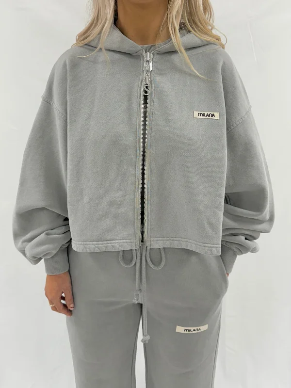 Washed Ash Grey Core Heavyweight Cropped Zip Hoodie.