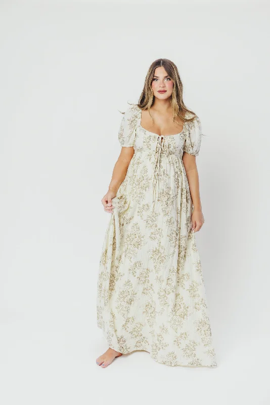 Easygoing Style Haven 100% Cotton Tie-Front Maxi Dress in Taupe/Brown Floral - Bump Friendly