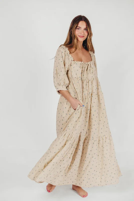 Cozy Fit Cara 100% Cotton Maxi Dress in Blue/Brown Floral