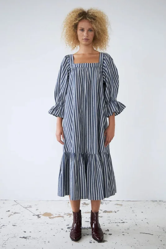 Relaxed Wear Blue Striped Midi-Dress