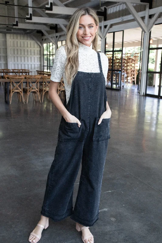 Soft Looks Bonnie Washed Twill Overall Jumpsuit, Black
