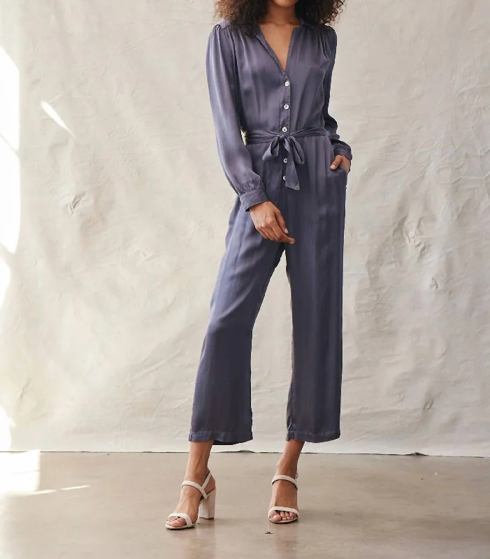 Casual Wear Gathered Button Front Jumpsuit In Smoke Shadow