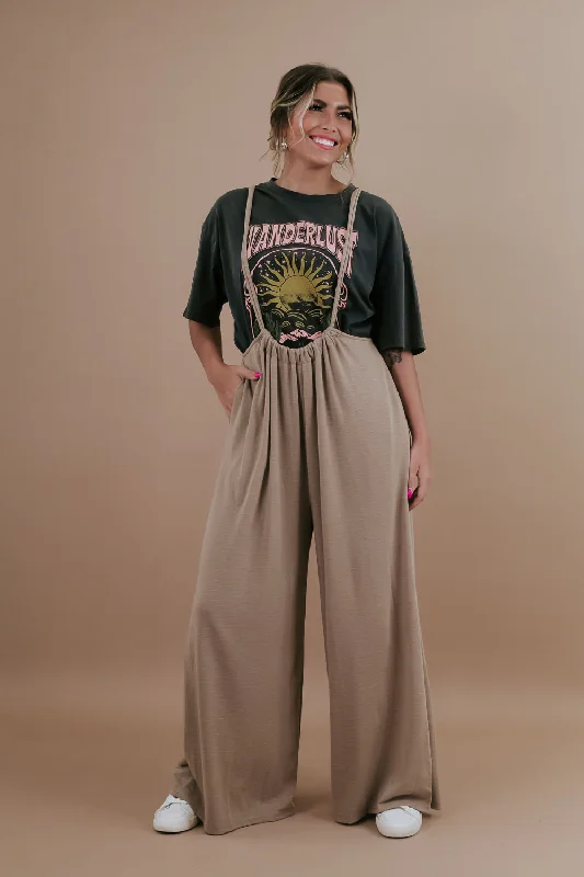 Cozy Outerwear Head Over Heels Suspender Jumpsuit, Taupe
