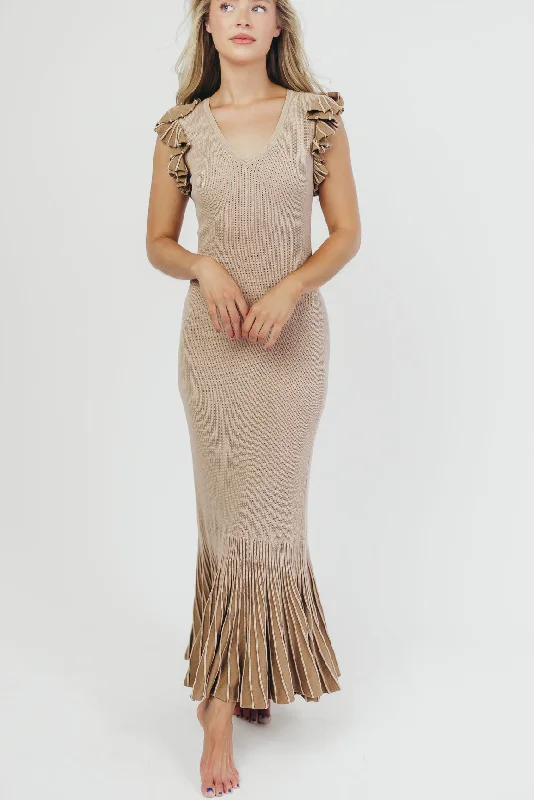 Brynn Knit Mermaid-Style Maxi Dress with Ruffled Sleeves in Sand