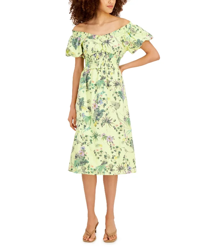 Leisure Sports INC International Concepts Botanical Print Puff Sleeve Cotton Midi Dress