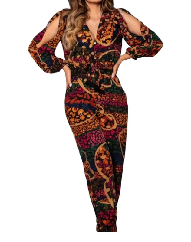 Weekend Style Lovely Leopard Jumpsuit In Red Multi