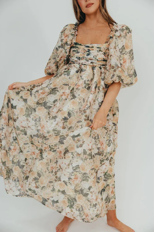 High Street Series Melody Maxi Dress with Pleats and Bow Detail in Champagne Floral - Bump Friendly & Inclusive Sizing (S-3XL)