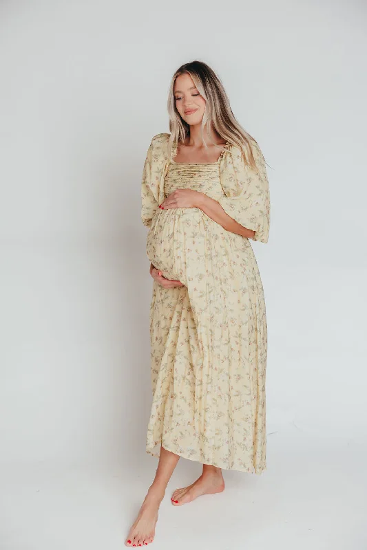 Luxury Classic Melody Maxi Dress with Pleats and Bow Detail in Yellow Floral - Bump Friendly & Inclusive Sizing (S-3XL)