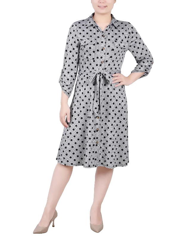 Personal Charm Petite 3/4 Sleeve Roll Tab Shirtdress