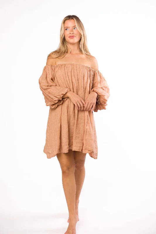 Exquisite Craftsmanship Cassidy 100% Linen On/Off Shoulder Mini Dress in Mocha