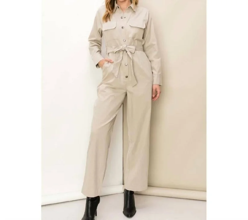 Street Fashion Style Relaxing Weekend Tie-Belt Jumpsuit In Tan