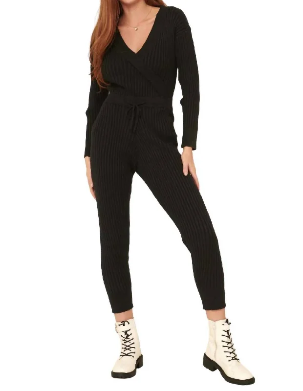 Retro Lace Fabric Ribbed Knit Jumpsuit In Black