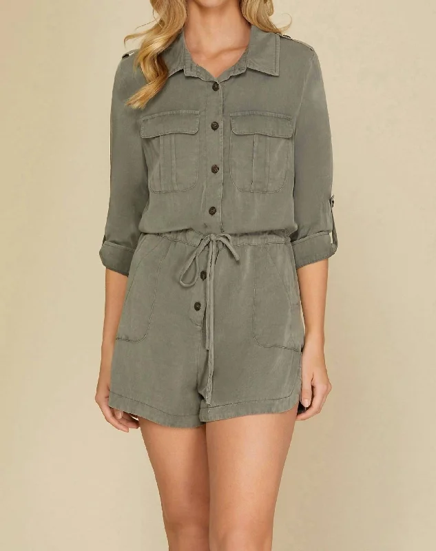 Relaxed Fashion Roll-Up Sleeve Woven Buttoned Romper In Olive
