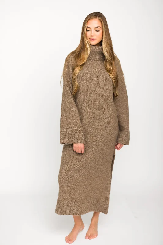 Casual Wear Melissa Cowl-Neck Sweater Midi Dress in Light Mocha