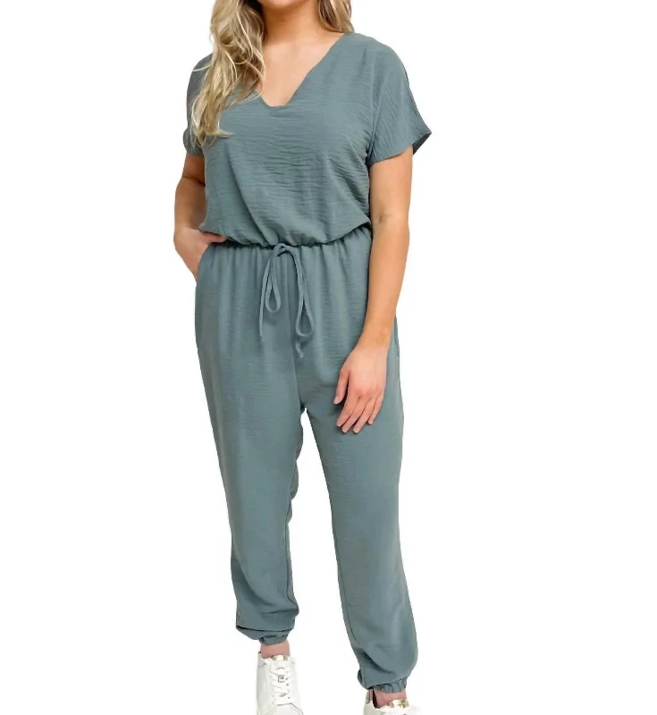 Warm Wear Solid Long Jumpsuit In Slate Blue