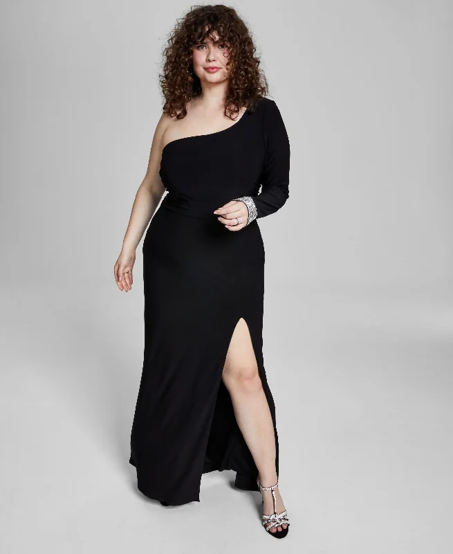 Trendy Plus Size One-Shoulder Side-Slit Dress