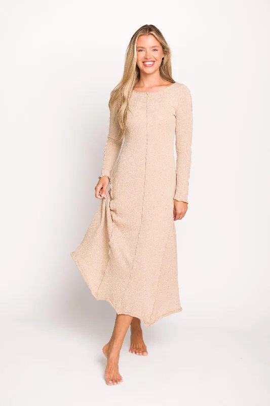Easy Fashion Selena Exposed Seam Midi Dress with Long Sleeves in Oatmeal (Lined)