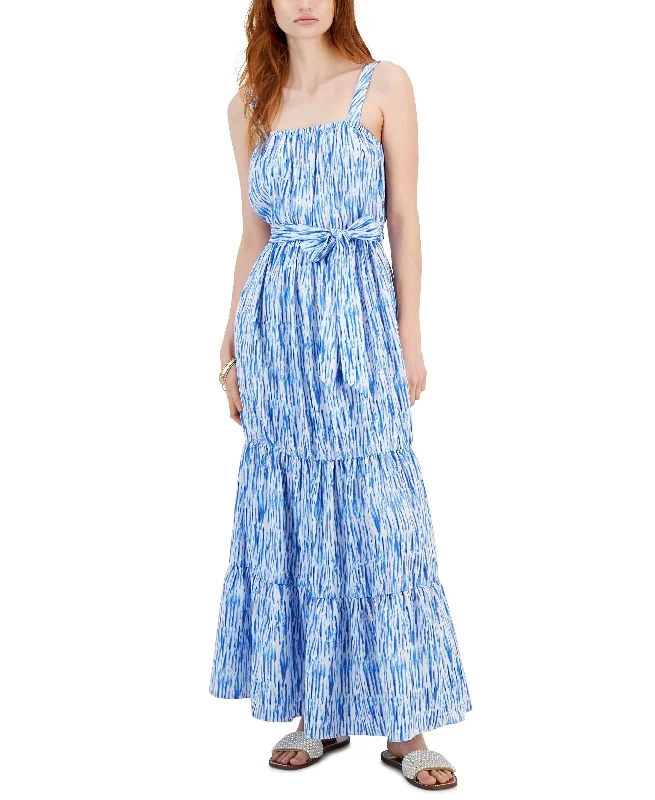 Minimal Comfort Women's Printed Tiered Tie-Waist Maxi Dress