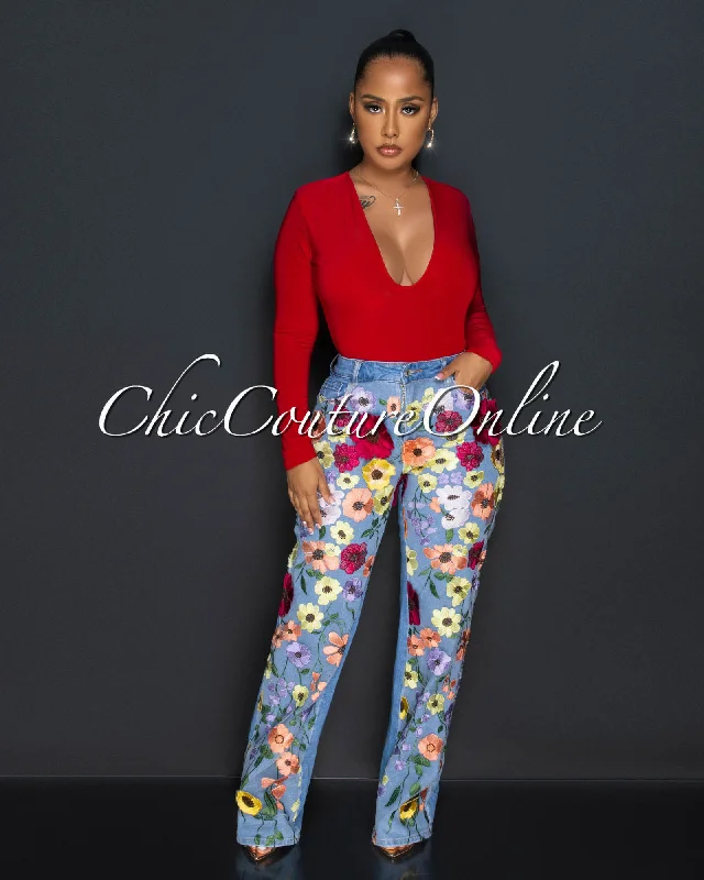 Comfortable Wear Alexus Light Denim Multi-Color Floral Applique Jeans