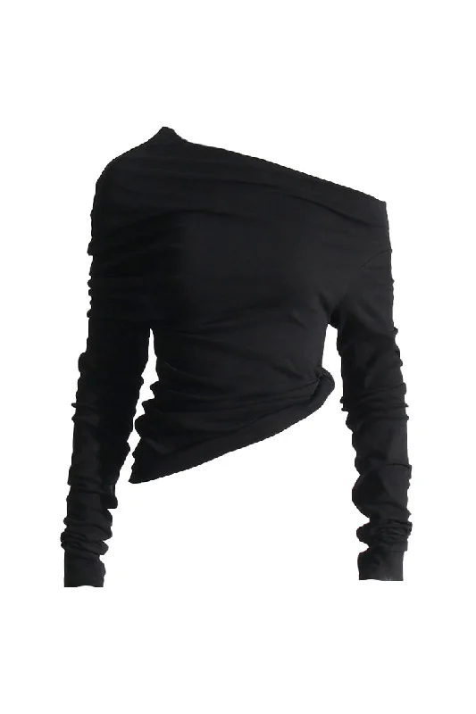 Elegant Wear Asymmetrical One Shoulder Draped Neck Long Sleeve Ruched Jersey Top