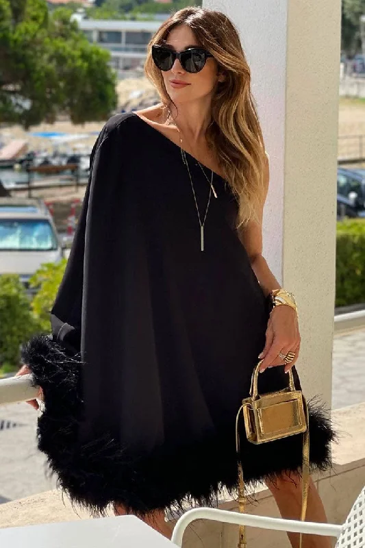 Fashion Must-have Asymmetrical One Shoulder Feather Trim A Line Party Mini Dress - Black