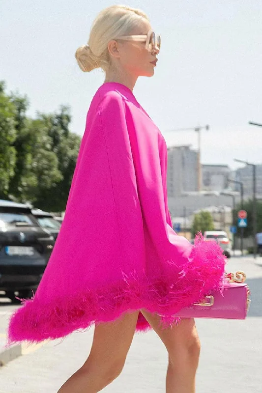 Versatile Itinerary Asymmetrical One Shoulder Feather Trim A Line Party Mini Dress - Hot Pink