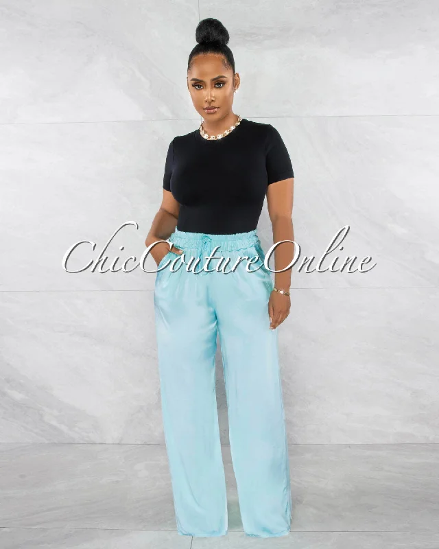 Relaxed Wear Berkley Baby Blue Drawstring Wide Silky Pants