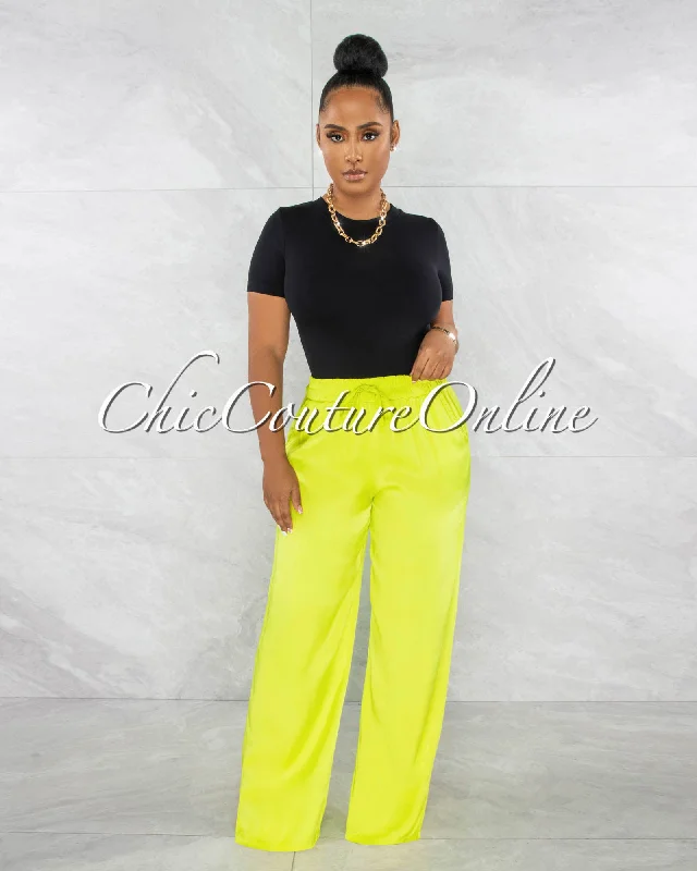 Cozy Chic Berkley Lime Drawstring Wide Silky Pants