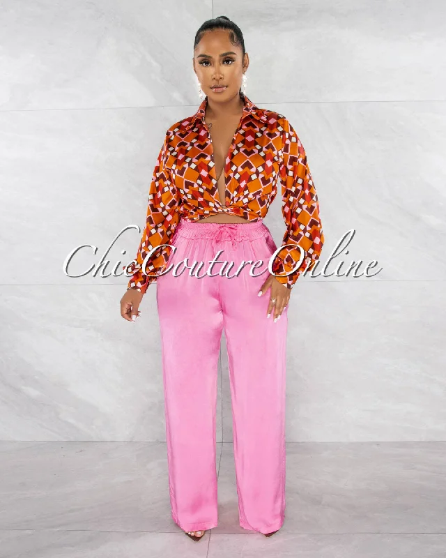 Chic Lounge Berkley Pink Drawstring Wide Silky Pants